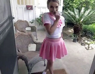 Platinum-blonde damsel babygirl in pinkish sundress throw up