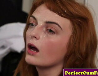 Stockinged redhead facialized all over tryst